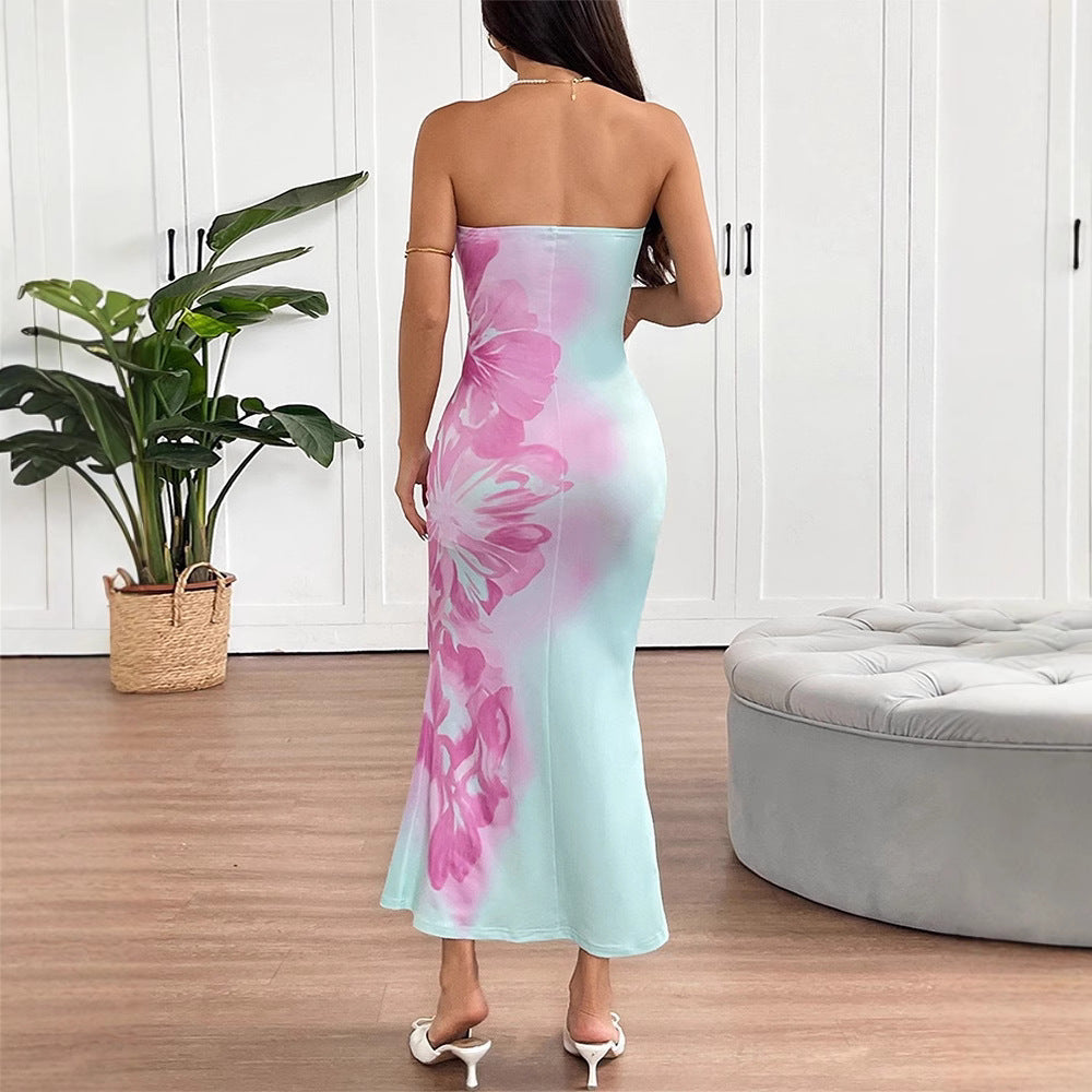 Women Clothing Summer Sexy Bandeau Slim Fit Printing Color Contrast Backless Sheath Dress Bella Mia